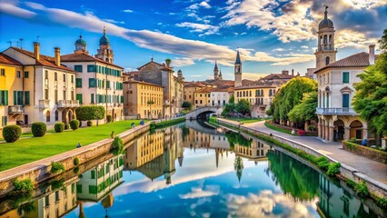 Historic Padua cityscape featuring medieval architecture, ornate frescoes, and picturesque canals surrounded by lush greenery in the Veneto region of northern Italy.
