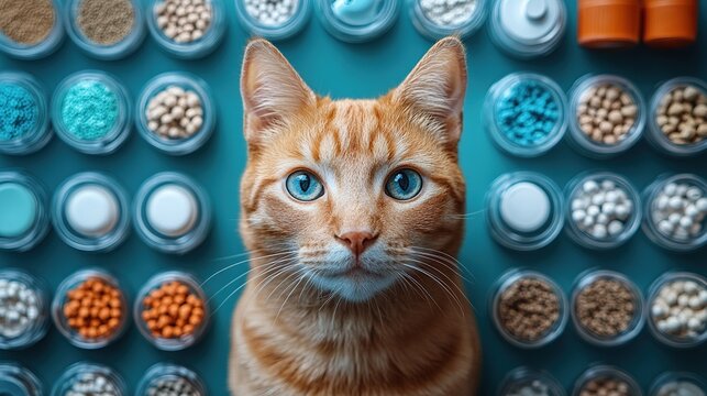 Top view of a veterinarian clinic table with pet care supplies and medical items.