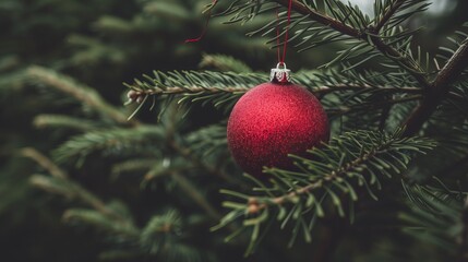 single red ornament hangs from pine tree branch christmas background
