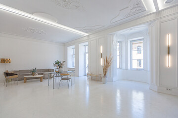 bright interior design of spacious living room with white walls and decorative unique historical moldings on ceiling stylish modern furniture in warm colors without people daylight through the windows