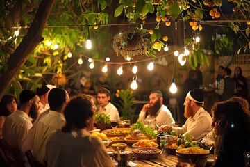 Jewish community gathering for a festive meal in a sukkah during Sukkot