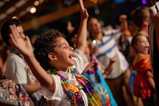 Boy joyfully celebrating with community during Simchat Torah