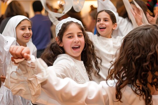 Young girls joyfully dancing in a Simchat Torah celebration