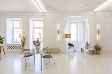 bright interior design of spacious living room with white walls and decorative unique historical moldings on ceiling stylish modern furniture in warm colors without people daylight through the windows