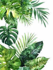 A seamless border of tropical leaves, including ferns and philodendrons, painted in soft, flowing watercolors with realistic textures, isolated on a white background