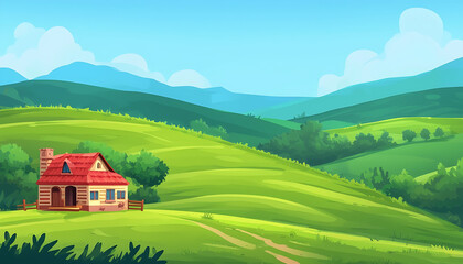Rural Cottage Nestled in Rolling Green Hills with Blue Sky