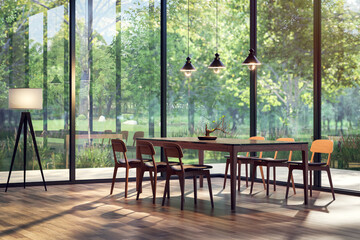 Modern contemporary style glass house dining room with nature view 3d render the room has plank floor decorated with wooden furniture large window overlooking forest view sunlight enter the room.