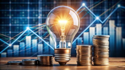 Illuminated lightbulb surrounded by financial symbols, coins, and charts, representing innovative business ideas receiving investment and funding for growth and success.