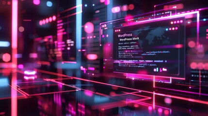 A digital representation of WordPress code with floating user interface elements, symbolizing technology and development.