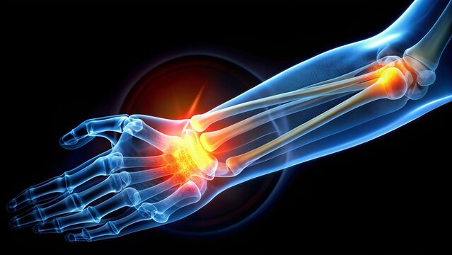 Illuminated X-ray image of the elbow joint showing compression of the ulnar nerve, causing numbness and tingling in the hand and forearm.