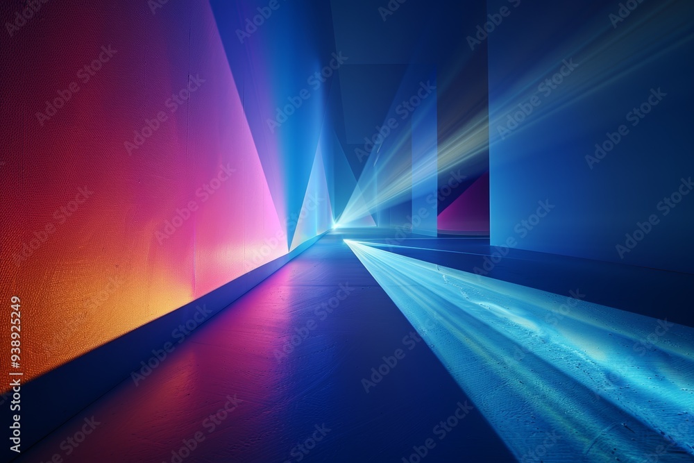 Poster brilliant light beams illuminate a geometric space, creating a mesmerizing visual experience that ca