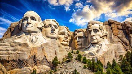Fototapeta premium Illustrated iconic American monument featuring four colossal presidential faces carved into a granite mountain, set against a bright blue sky with fluffy white clouds.