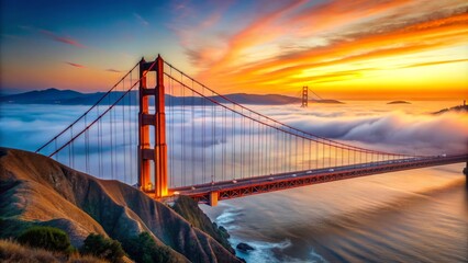 Fototapeta premium Illustrated iconic Golden Gate Bridge in vibrant orange and blue hues, standing tall amidst San Francisco's misty skyline and calm ocean waters.