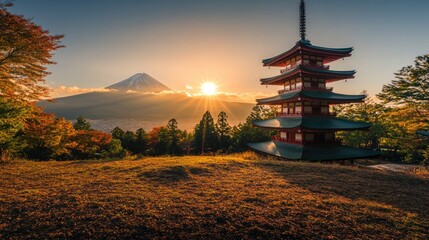Naklejka premium A beautiful photo of the Chureito Pagoda in Fujiyoshida, Japan, with the sun setting behind it and Mount Fuji visible in the distance
