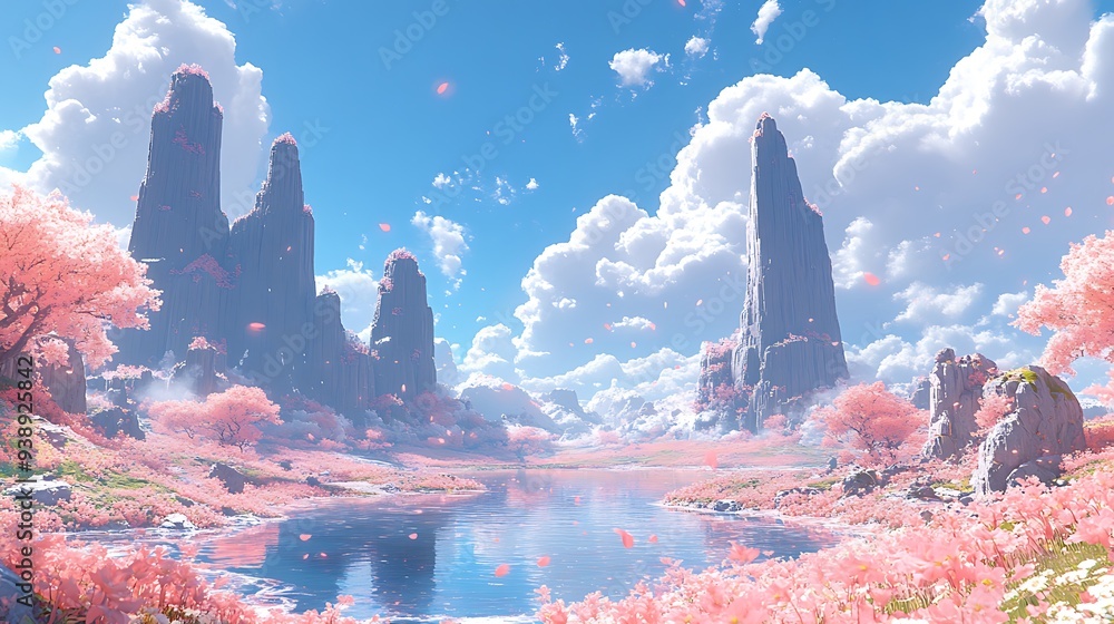 Canvas Prints Fantasy Landscape with Pink Blossoms and Majestic Mountains.