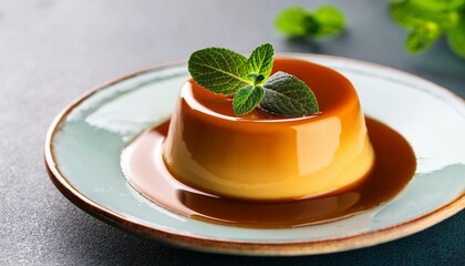 Caramel custard pudding with mint