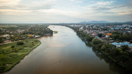 Aerial view of Tak city with the river in Northern Thailand