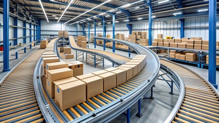 Fototapeta premium Industrial production line featuring a long, winding conveyor belt transporting cardboard boxes, crates, and pallets through a modern warehouse or factory facility.