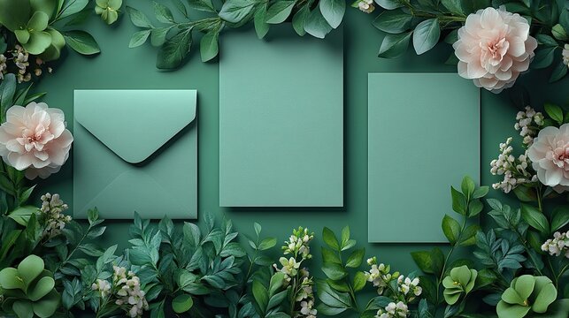 Wedding flat lay with invitation mockup, green envelopes, and flowers on pastel green background, top view, copy space. - Powered by Adobe