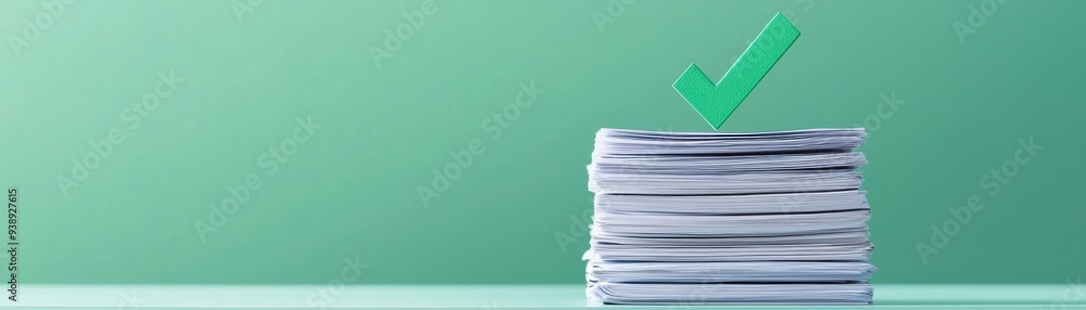 Poster a stack of paper documents with a green checkmark symbolizing completion and approval, set against a