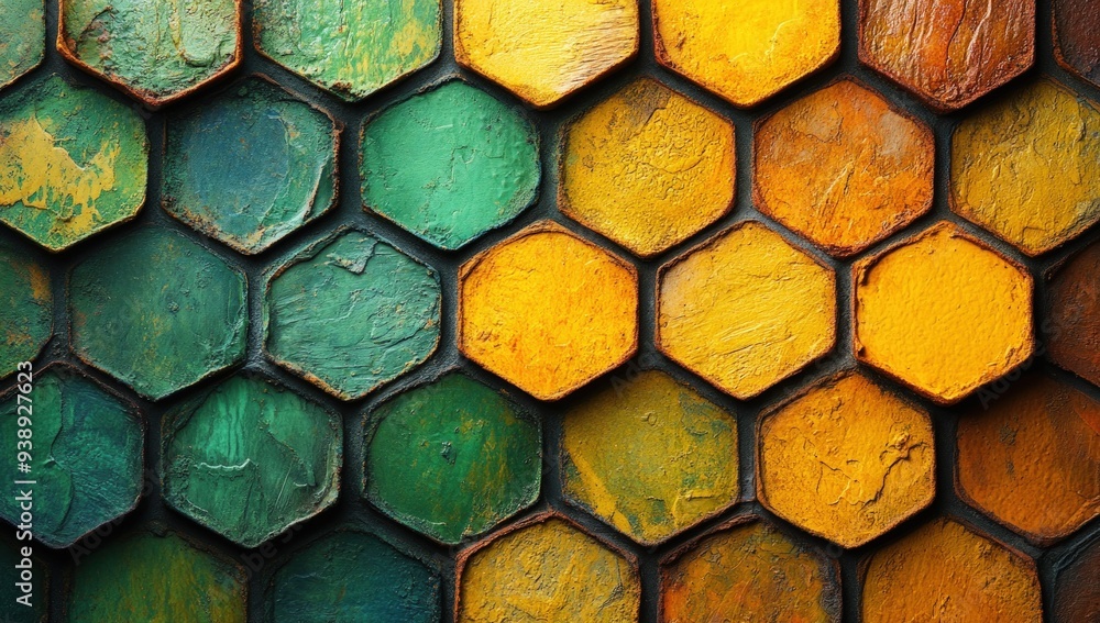 Poster close up view of a colorful abstract pattern consisting of green and yellow hexagons.