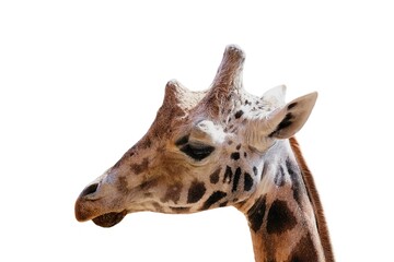Portrait of a giraffe , isolated on white background. Side view. Giraffa.