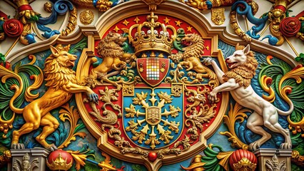 Naklejka premium Intricate illustration of a regal coat of arms with ornate lines, vibrant colors, and mythical creatures, symbolizing nobility, honor, and ancient heritage.