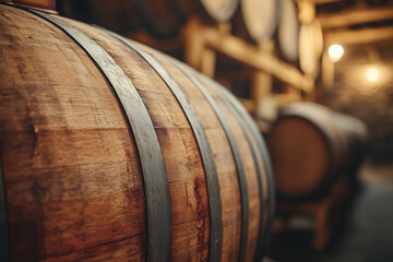 Close Up of Wooden Wine Barrel with Metal Hoops