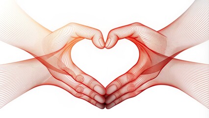 Fototapeta premium Intricately designed heart-shaped symbol formed by tenderly clasped hands, conveying love, care, and unity, set against a pure white background with elegant vector lines.