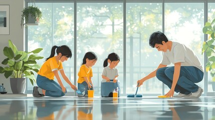 A family following a weekly housework schedule, with designated tasks for each day, keeping the home clean and organized.