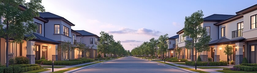 Modern suburban street at sunset with beautiful houses on either side, greenery, and a peaceful atmosphere, perfect for residential living.