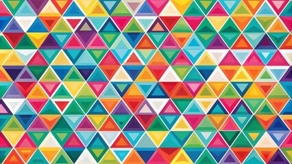 Intricate seamless geometric pattern of interconnected triangles in various sizes and vibrant colors creating a mesmerizing and dynamic visual effect on a white background.