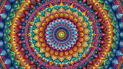 Intricate round mandala designs with vibrant colors and symmetrical patterns create a stunning visual representation of spiritual harmony and balance in digital illustration.