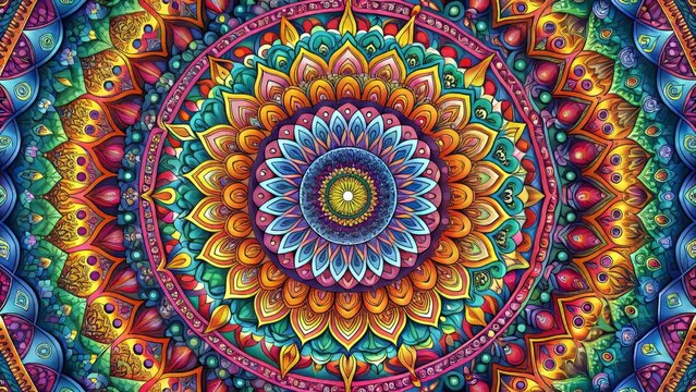 Intricate round mandala designs with vibrant colors and symmetrical patterns create a stunning visual representation of spiritual harmony and balance in digital illustration.