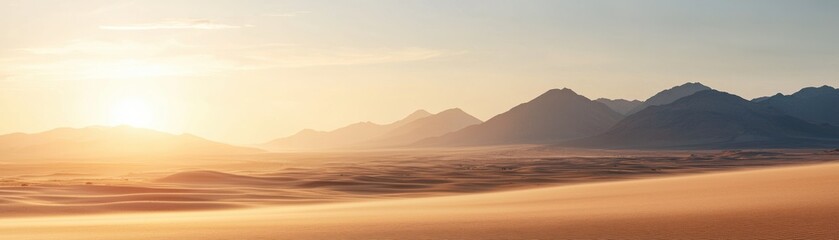 Fototapeta premium A stunning desert landscape with golden sand dunes and majestic mountains under a vibrant sunset glow.