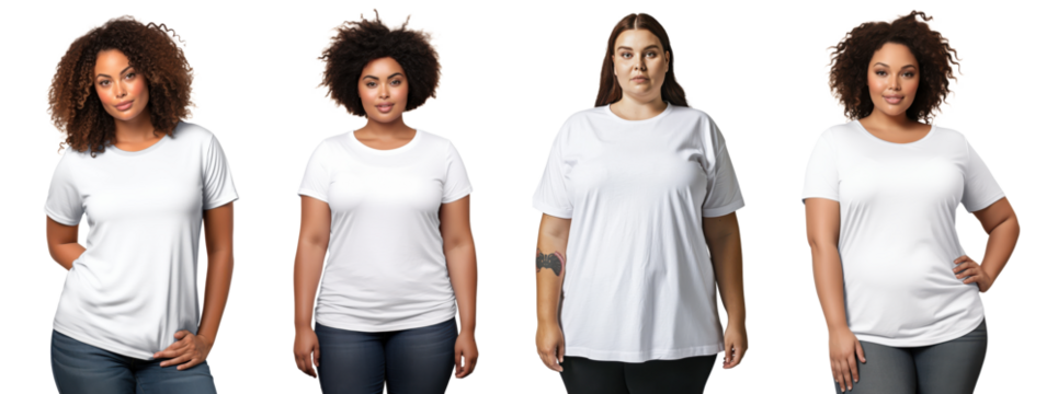 Plus-size women in blank white t-shirts mockup, isolated on transparent background