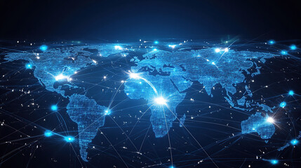 Fototapeta premium Abstract global network concept with blue glowing connections around the world map