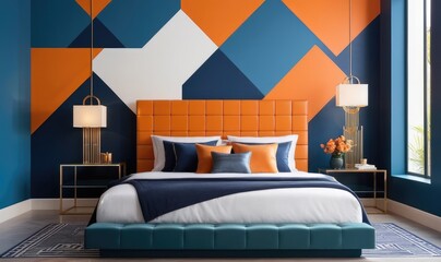 Bed and bench against orange and blue wall with copy space. Art deco interior design of modern bedroom