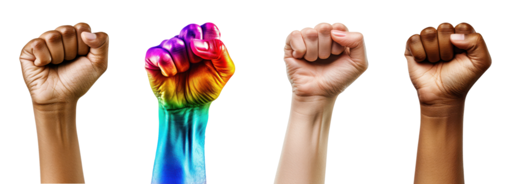 Diverse raised fists, isolated on transparent background