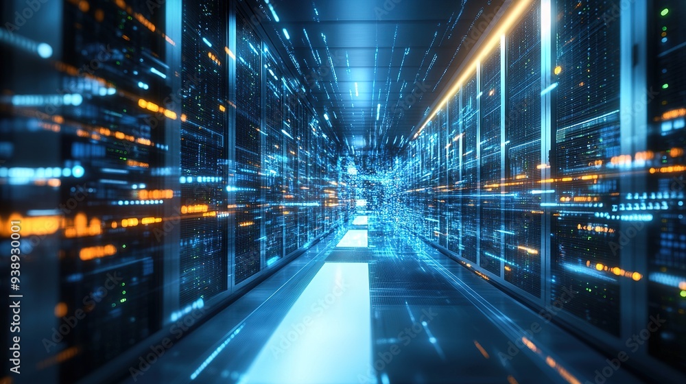 Poster digital information flow through a futuristic data center, emphasizing technology and connectivity