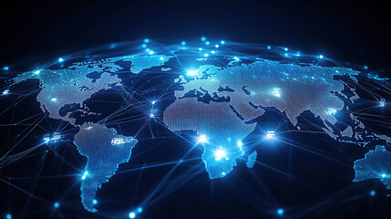 Abstract global network concept with blue glowing connections around the world map
