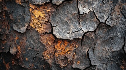 Fototapeta premium Close-up of cracked and weathered surface with dark grey, brown, and orange tones.