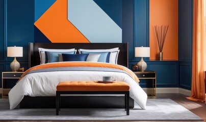 Bed and bench against orange and blue wall with copy space. Art deco interior design of modern bedroom