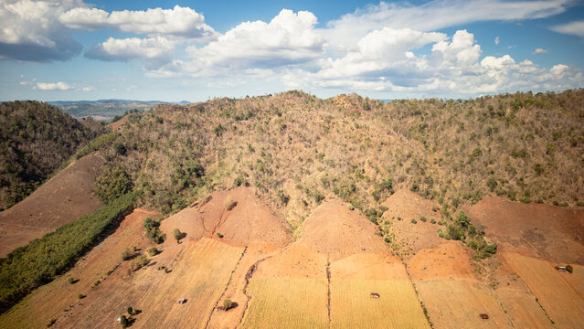 Aerial view of crops and mountains in Mae Sot Thailand