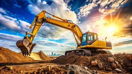 Large yellow excavator digging into the earth, its hydraulic arm and bucket moving dirt and debris at a busy construction site against a blue sky.