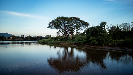 Aerial view of Tak city with the river iat sunset n Northern Thailand