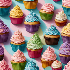 Seamless pattern of cupcakes with colorful swirled frosting