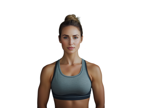 fit and muscular fitness instructor, isolated sportswoman in sporty attire