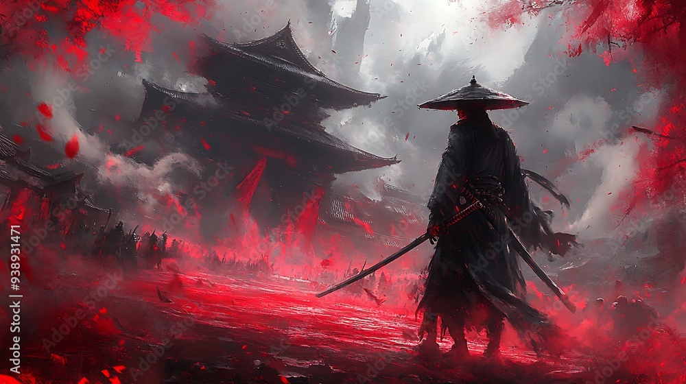 Poster Samurai Warrior Standing Amidst a Crimson Battlefield.