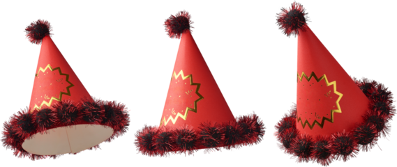 set of decorative red party hats with pom pom isolated white background, colorful birthday and celebration decorations cardboard cap template with copy space in different angles